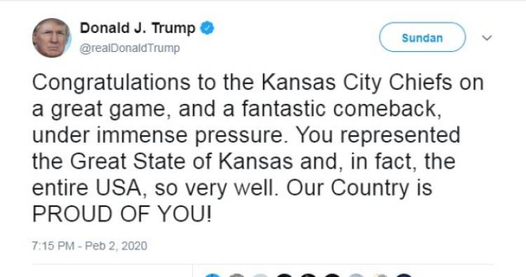 Trump tweets congratulations to ‘Great State of Kansas’ for Chiefs’ Super Bowl win